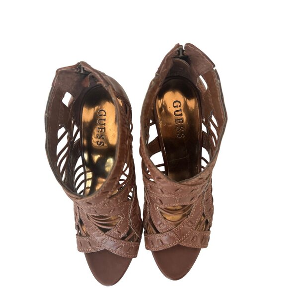 Guess Cage High Heels Stiletto Sandals Women's Size 7.5M Leather Brown Peep Toe - Picture 9 of 9